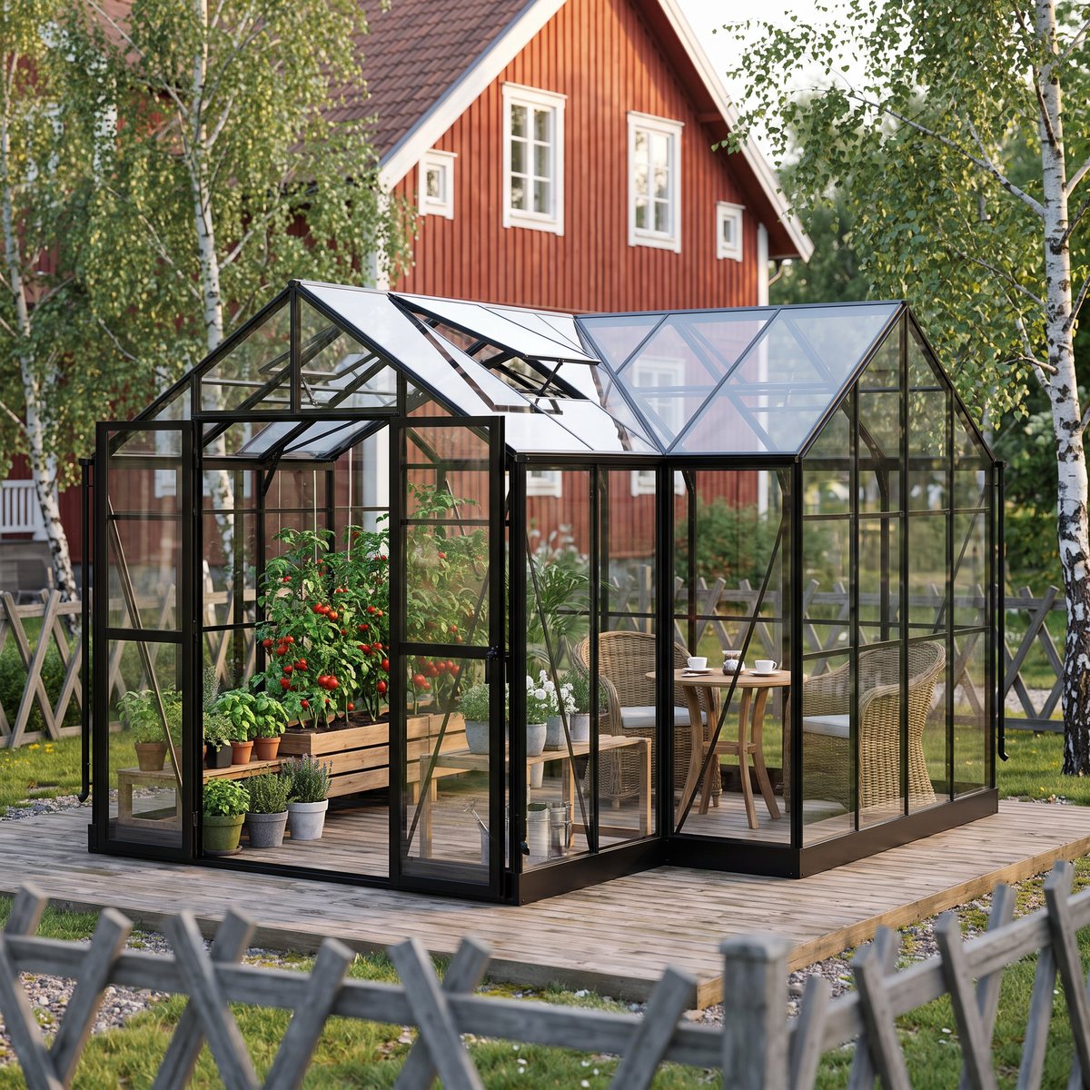 T-format svart glasväxthus på trädäck framför ett rött trähus, med tomatodling i ena delen och rottingstolar vid ett kaffebord i den andra