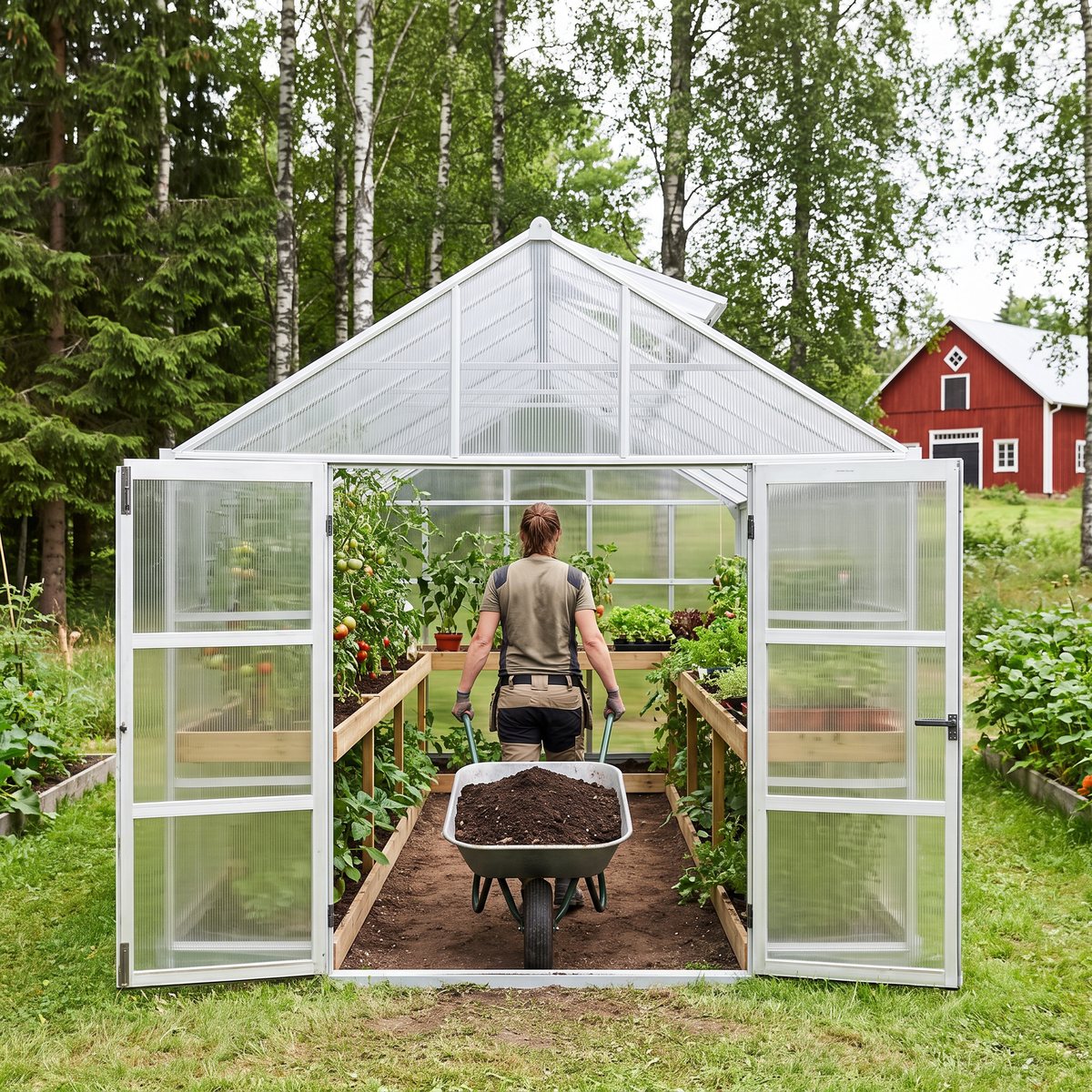 Vitt kanalplastväxthus med dubbla svängdörrar öppna, odlingsbänkar längs båda sidor och en skottkärra med jord på väg in, vid en röd lada