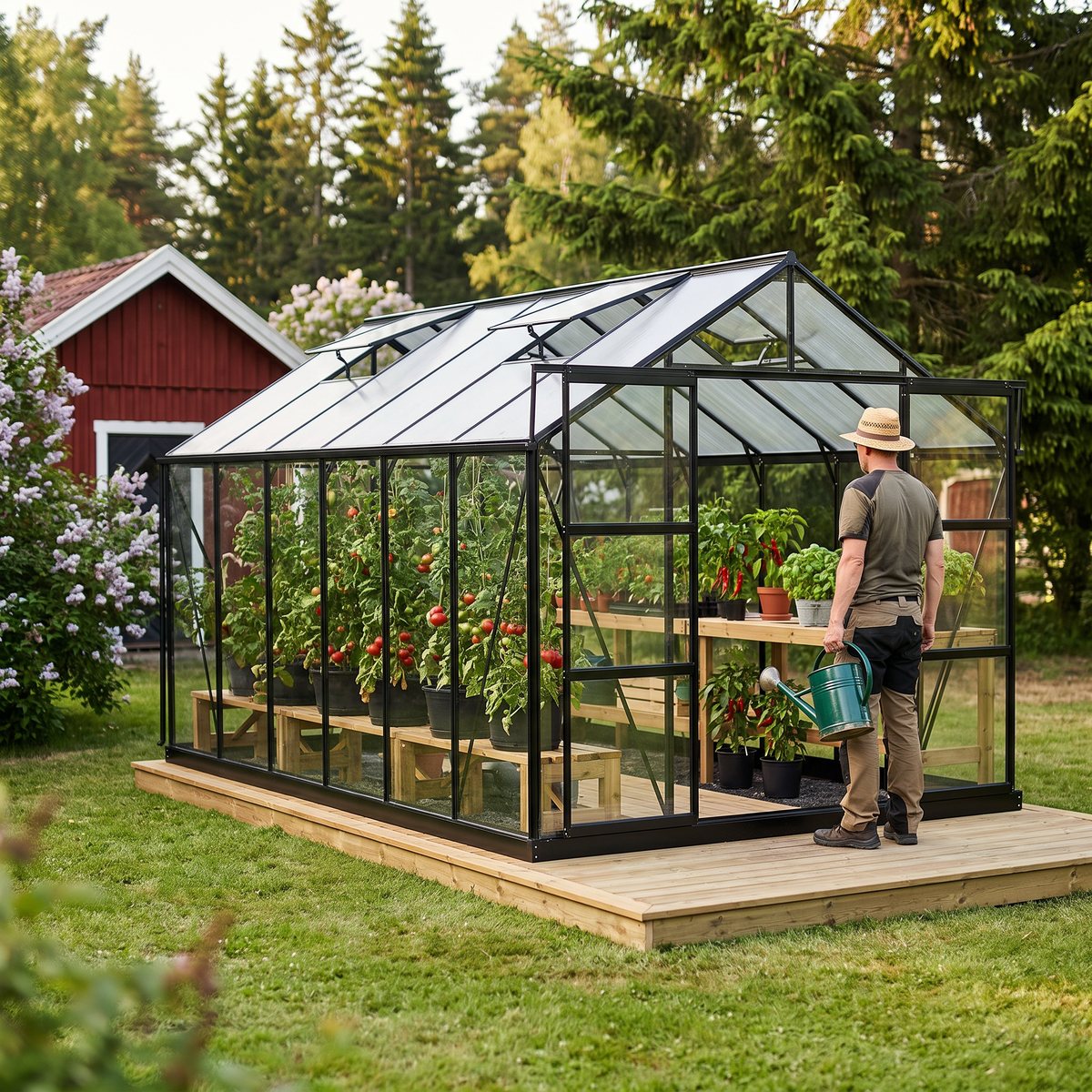 Svart glasväxthus med öppna takfönster på ett trädäck i en svensk sommarträdgård, med tomater och chili inne och en odlare med vattenkanna vid dörren
