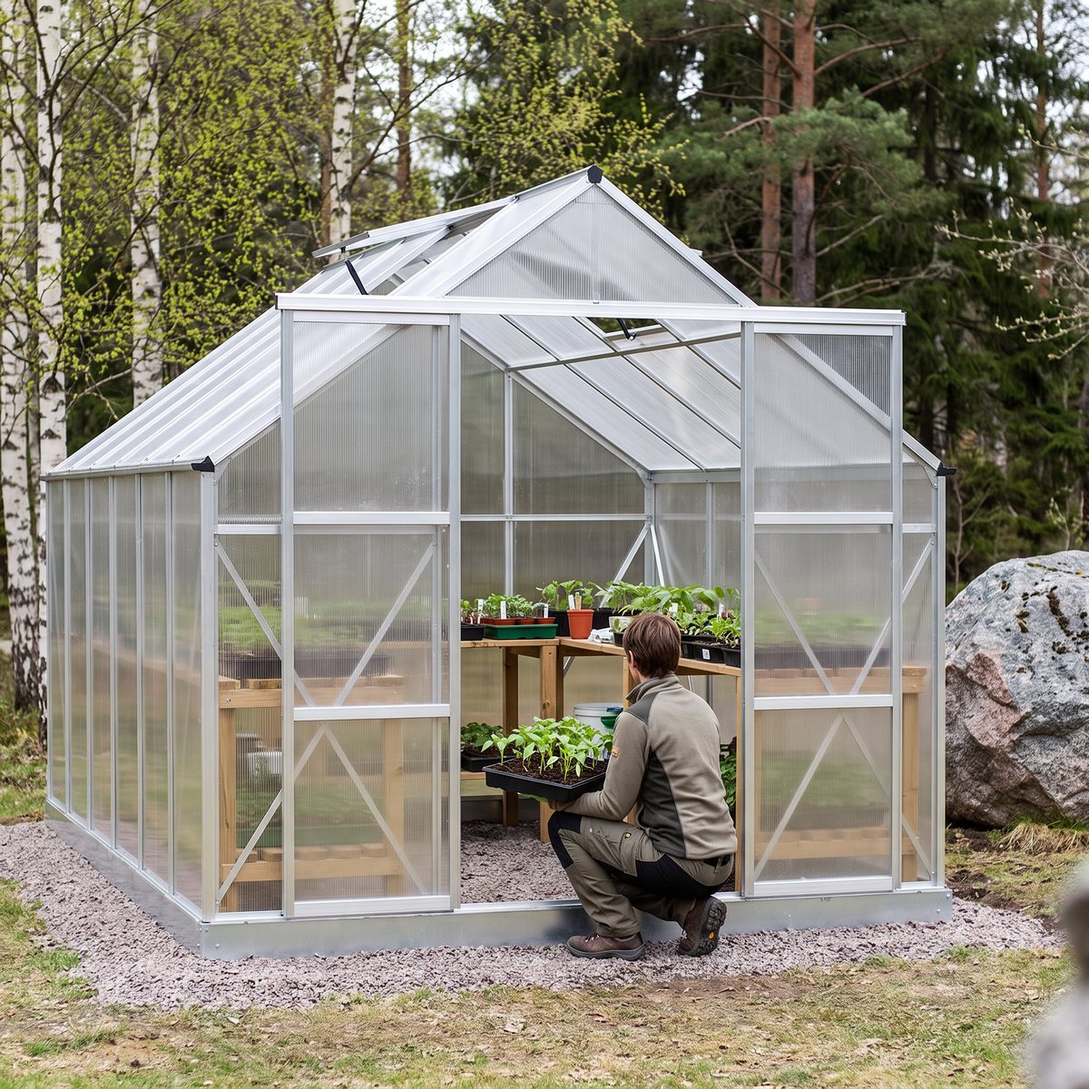 Växthus i aluminium och kanalplast på gruskant i en vårträdgård med björkar, där en odlare bär in en bricka med plantor