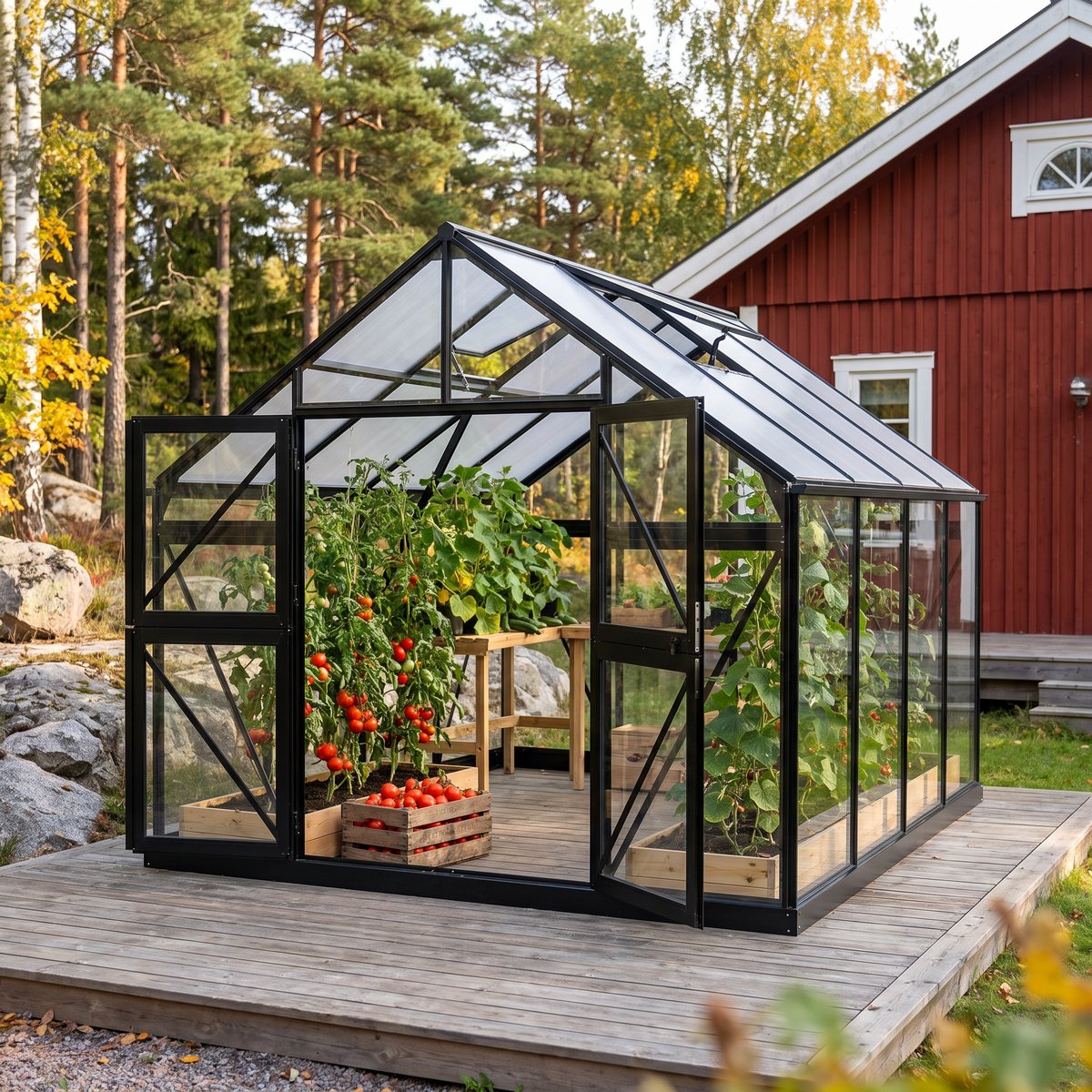Svartlackerat glasväxthus med kanalplasttak på ett trädäck bredvid ett rött trähus, med tomatplantor och en låda skördade tomater innanför den öppna dörren
