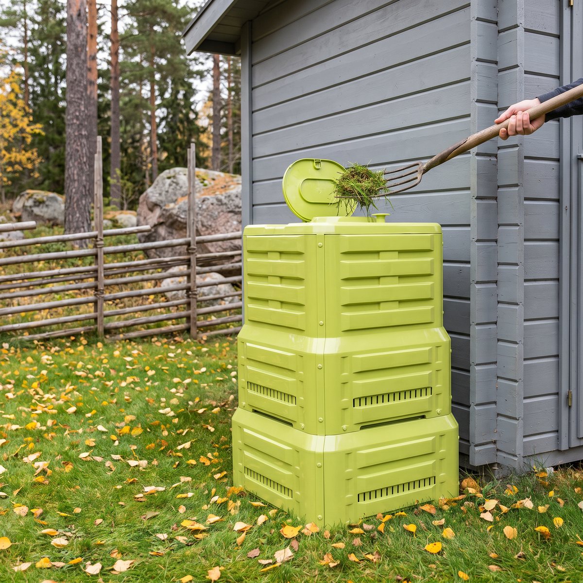 Ljusgrön AL-KO K 390 termokompost bredvid ett grått förråd i en svensk höstträdgård, där gräsklipp läggs i påfyllningsöppningen på toppen