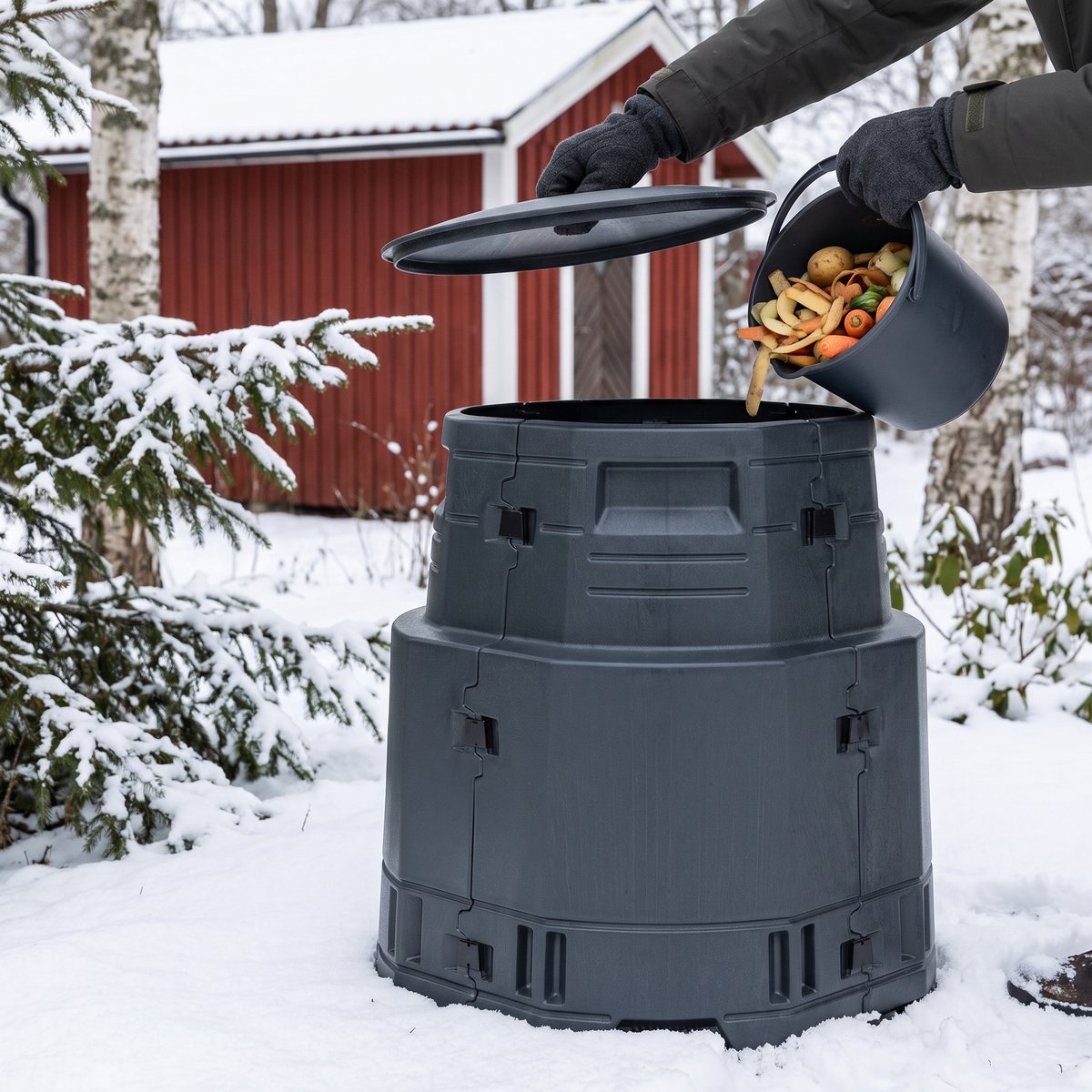 GreenLine Master varmkompost i mörkgrå plast i en snöig svensk trädgård, där locket lyfts med ena handen medan potatisskal töms ur en komposthink