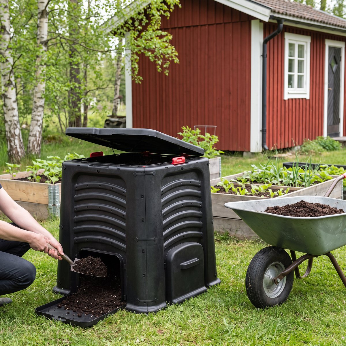 Svart Lyfco varmkompost bredvid odlingslådor i en svensk trädgård, där färdig kompostjord skyfflas ut genom en lucka nertill till en skottkärra