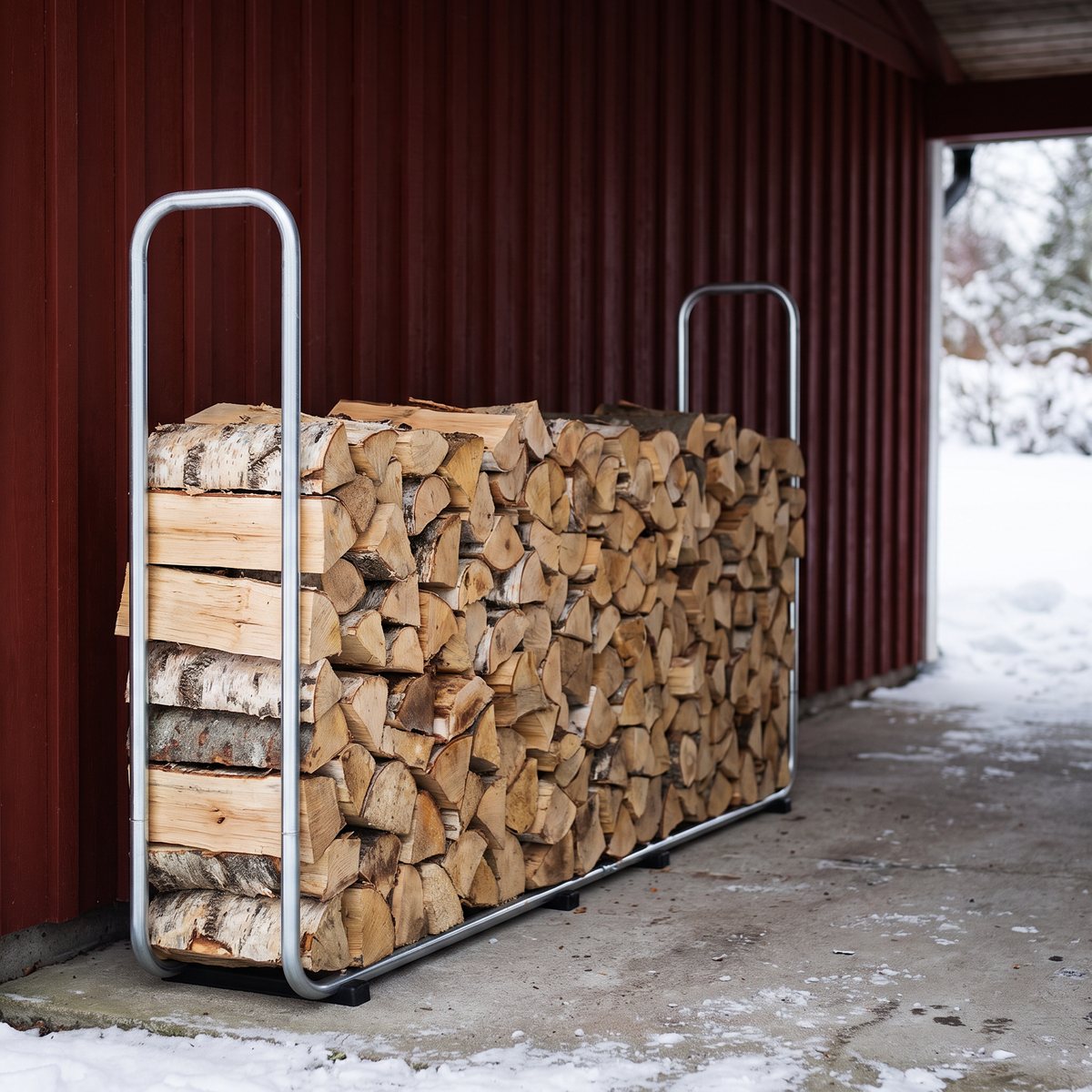 Vedställ i stål fullt med kluven ved, under taket i en carport en snöig vinterdag