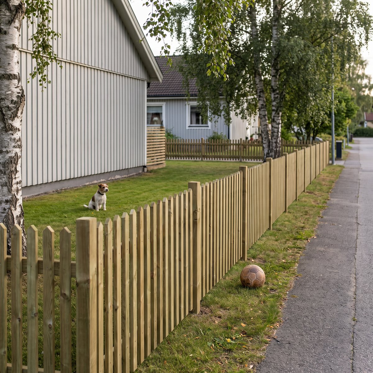 Tätt spjälstaket Jabo Linnea 2 i tryckimpregnerad gran längs tomtgränsen till en ljusgrå villa, med en hund på gräsmattan och en boll vid staketet