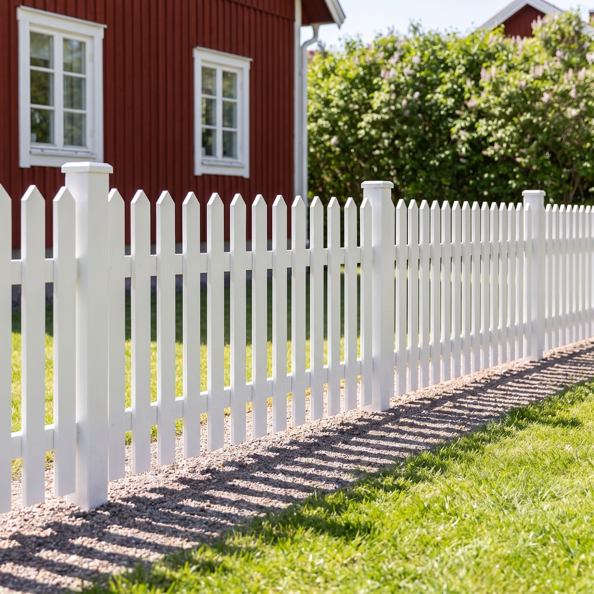 Vitmålat spjälstaket Jabo Skagen med spetsiga spjälor längs en grusgång framför ett falurött trähus i försommarsol