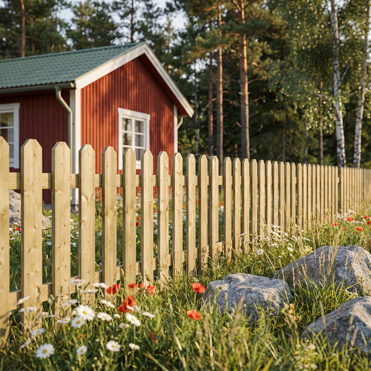 Lågt staket Jabo Staket 114 Original i tryckimpregnerad gran längs tomtgränsen vid en röd sommarstuga med ängsblommor och granitstenar