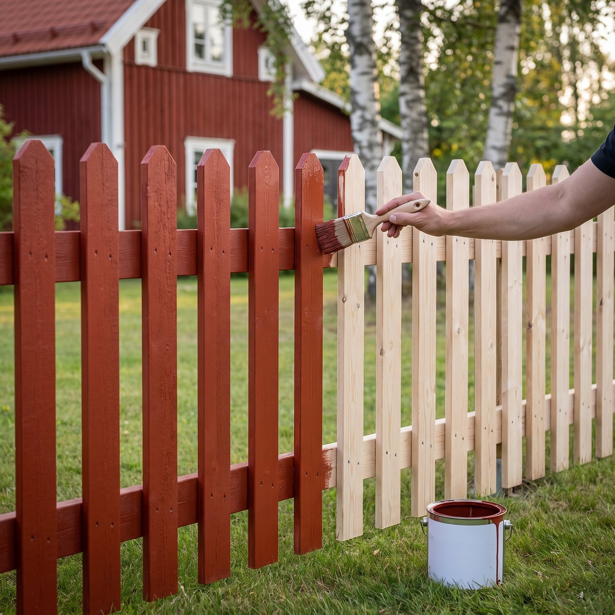 Hand som målar Lyfco Magnus trästaket i obehandlad gran med falu rödfärg i en svensk trädgård