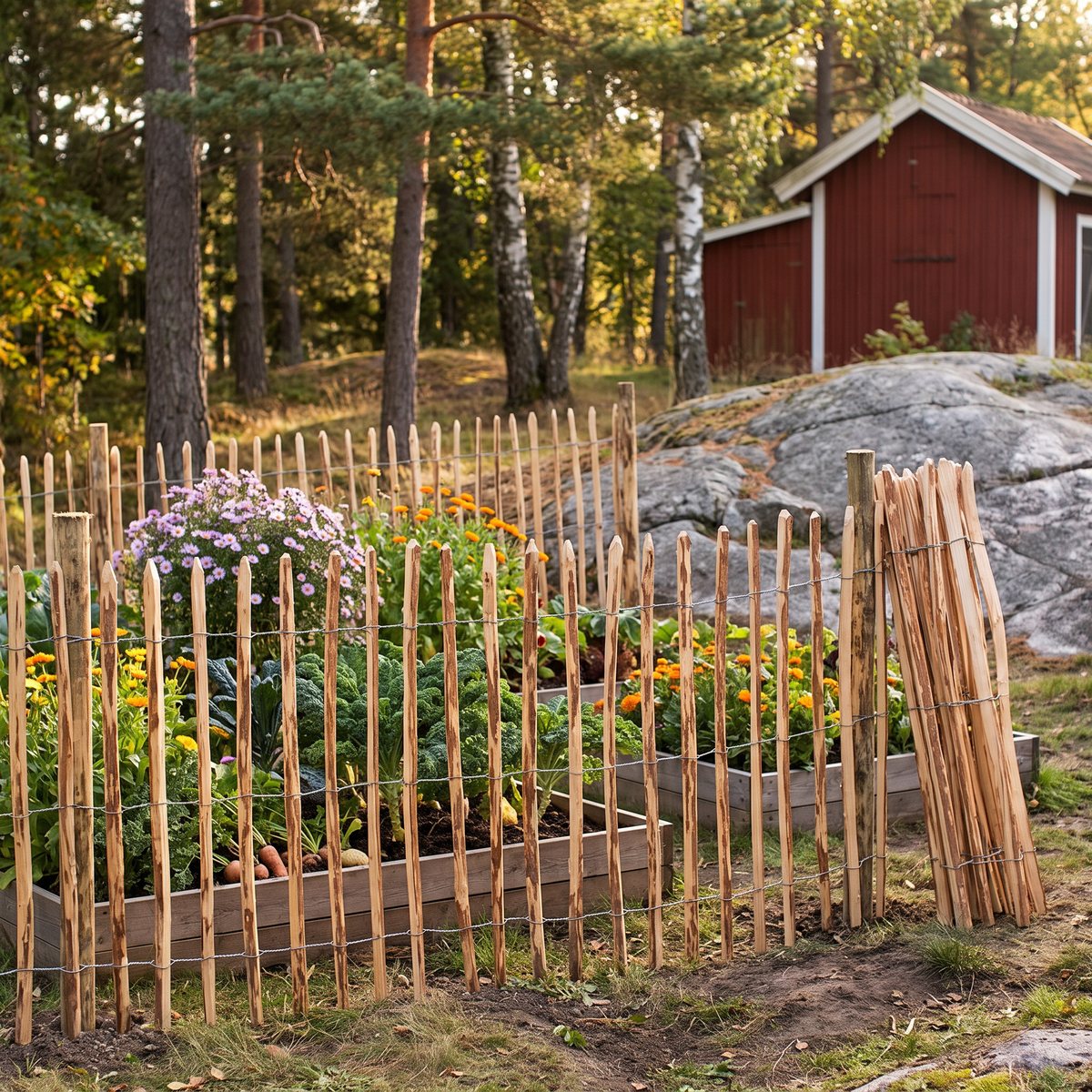 Hasselstaket från vidaXL utrullat runt odlingslådor på kuperad mark i en svensk trädgård, med resten av rullen stående vid sidan