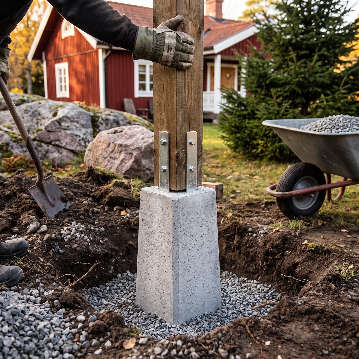 Finja betongplint på packat grus i en grävd grop, med en pergolastolpe fastbultad i det förzinkade beslaget, framför ett rött trähus