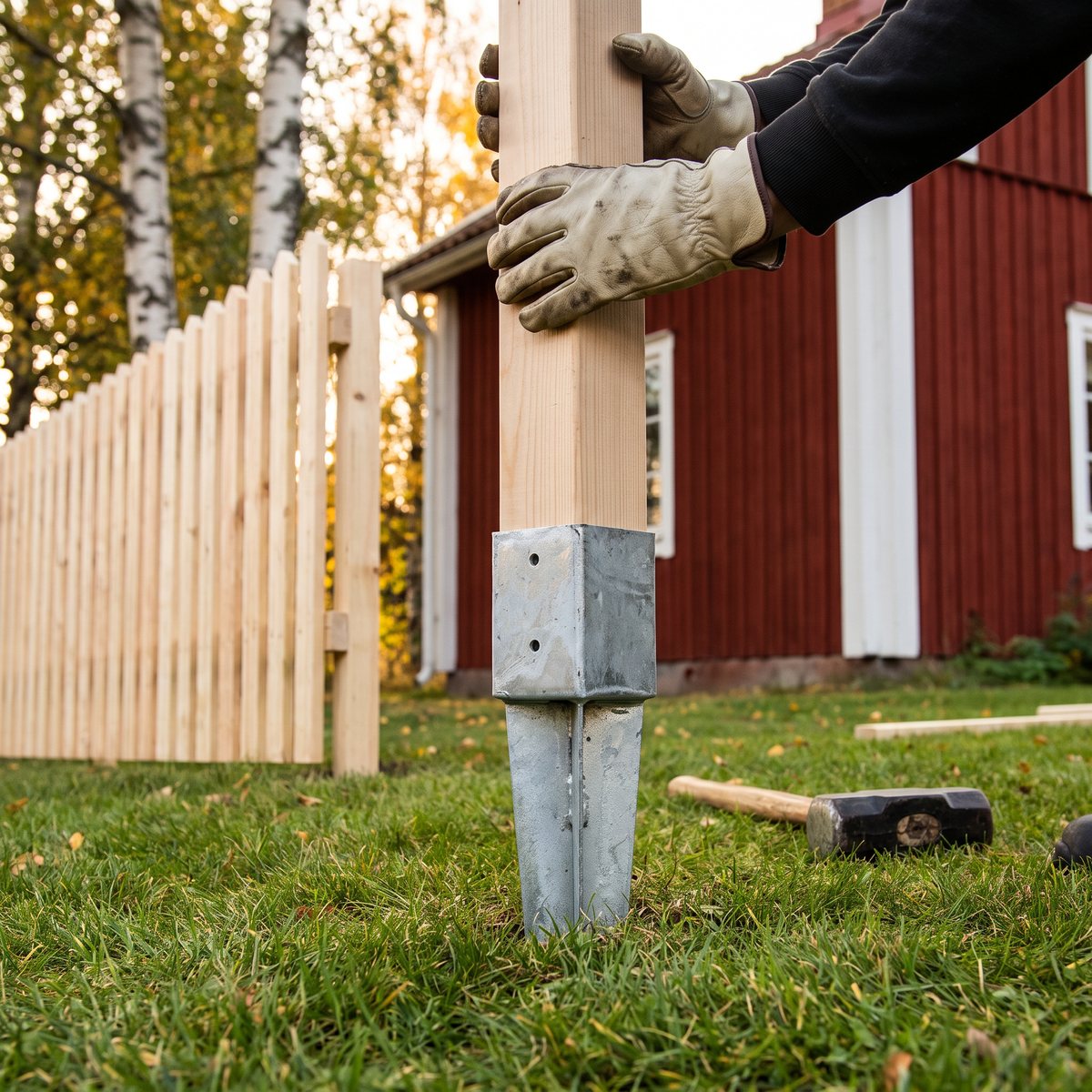Varmgalvaniserat stolpspjut från Joma med en ljus trästolpe i hylsan, i en gräsmatta framför ett nybyggt staket och ett rött trähus