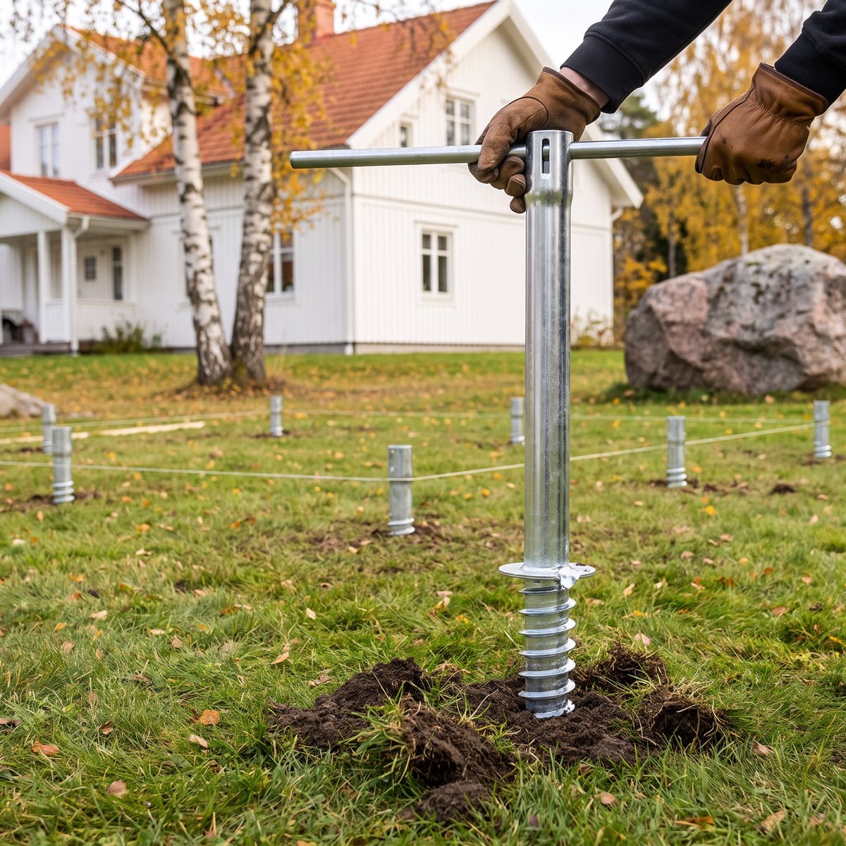 Stavrex markskruv vrids ner i en gräsmatta med ett T-handtag, med fler markskruvar uppsnörda för ett förråd i bakgrunden