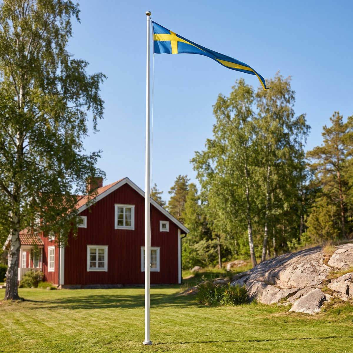 Vit flaggstång i glasfiber med blågul vimpel på gräsmattan framför ett rött trähus med björkar och granithäll