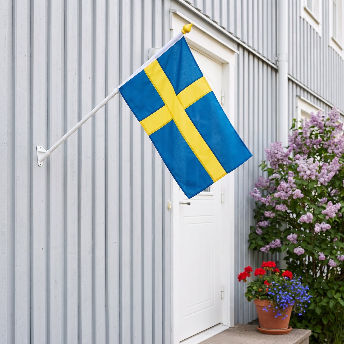 Vit fasadflaggstång med gul kula och svensk flagga monterad bredvid ytterdörren på ett ljusgrått radhus med syrenbuske