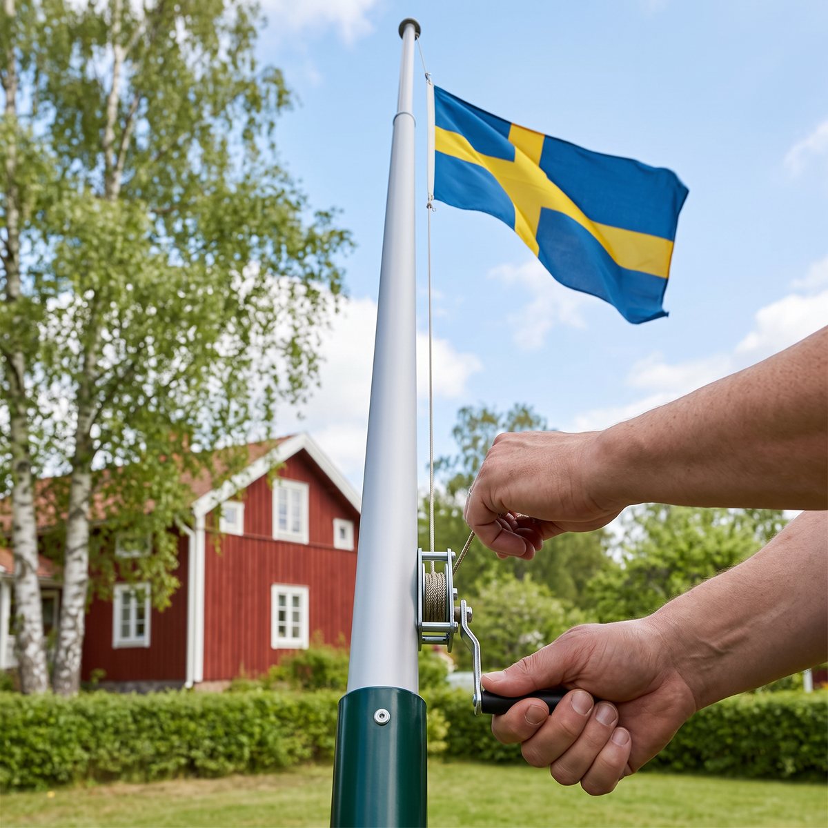 Händer vevar upp svensk flagga med vindan på en flaggstång i aluminium i en trädgård med rött trähus