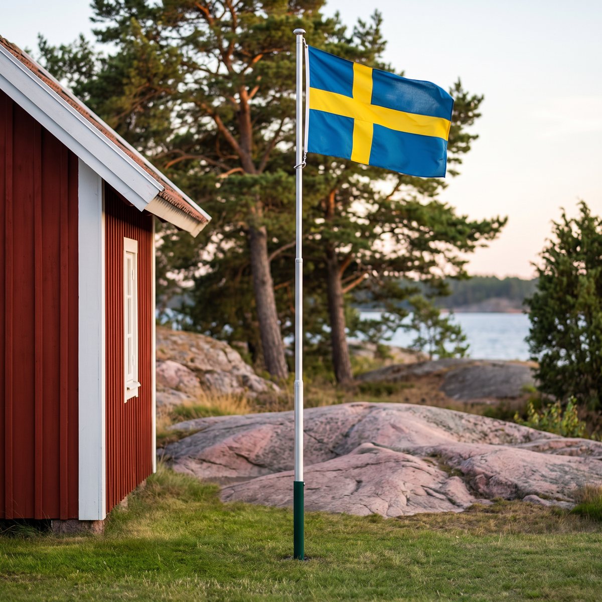 Teleskopisk flaggstång i silver med svensk flagga vid en röd sommarstuga på rosa granithällar i skärgården