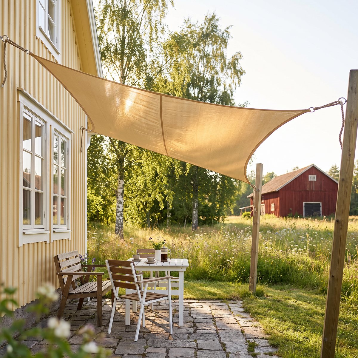 Beige trekantigt solsegel spänt mellan en gul sommarstuga och trästolpar över en stenlagd uteplats med trädgårdsmöbler, röd lada och äng i bakgrunden