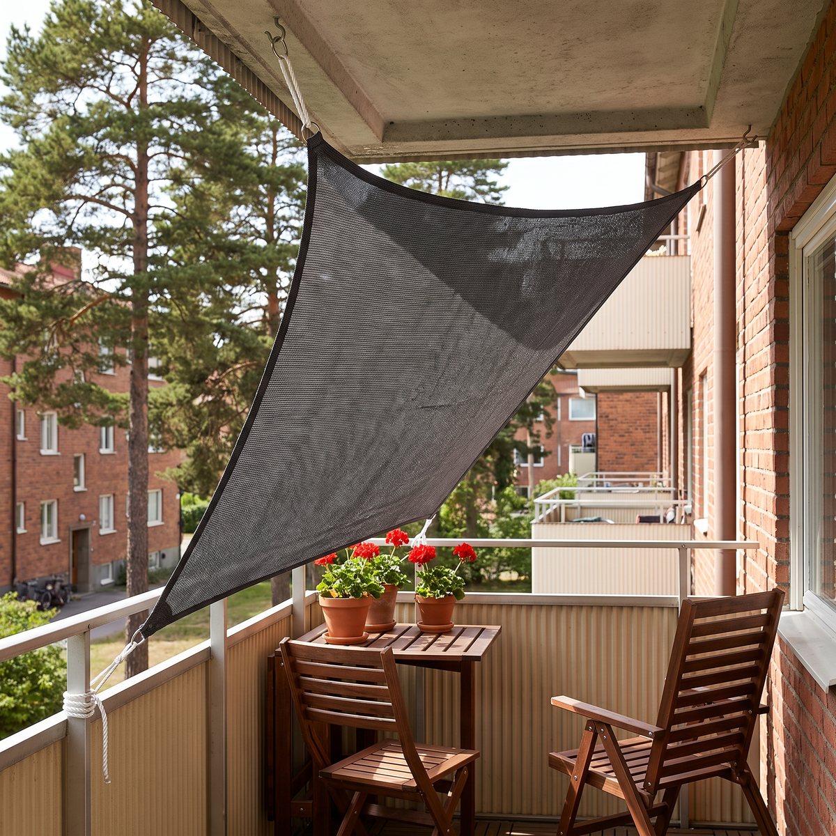 Antracitgrått trekantigt solsegel i HDPE fäst mellan balkongtaket och räcket på en svensk tegelhusbalkong med två stolar och pelargoner