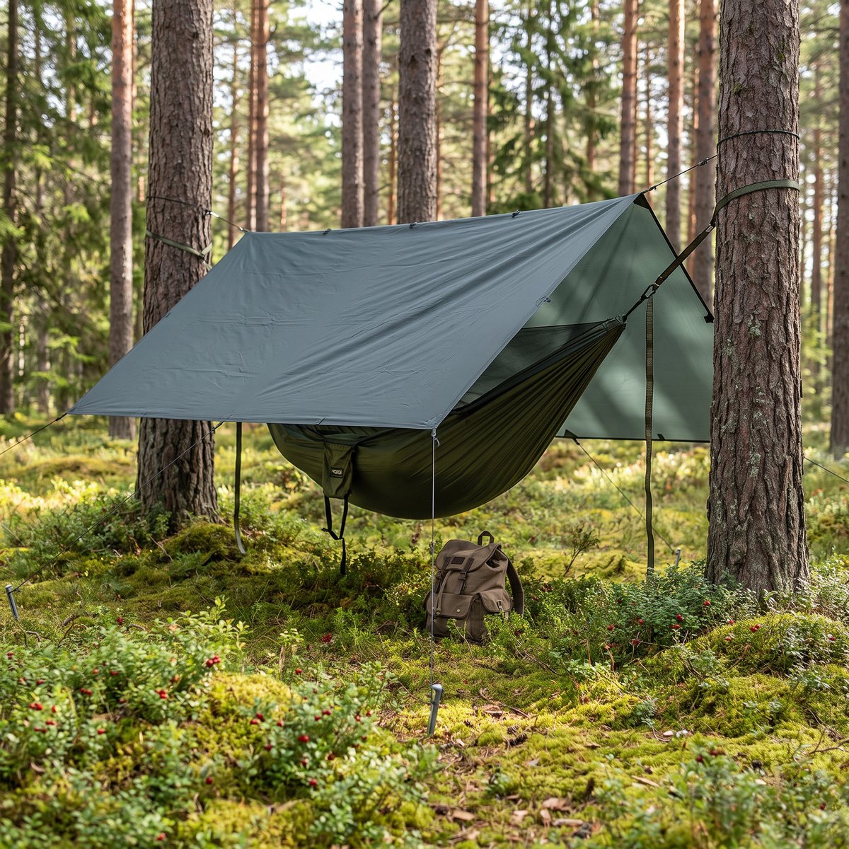 Mörk DD Hammocks Tarp XL spänd på en ås mellan tallar över en hängmatta i svensk tallskog med lingonris