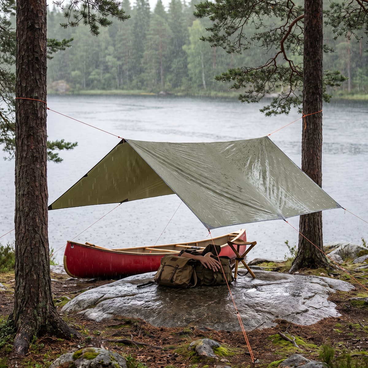 Olivgrön Fauna Tarp Standard spänd mellan två tallar över en kanotlägerplats vid en svensk sjö i regn