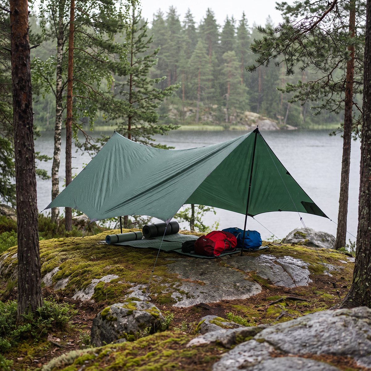 Grön Hilleberg Tarp 10 UL uppspänd över två liggunderlag och ryggsäckar på en mossig granithäll vid en svensk skogssjö i duggregn