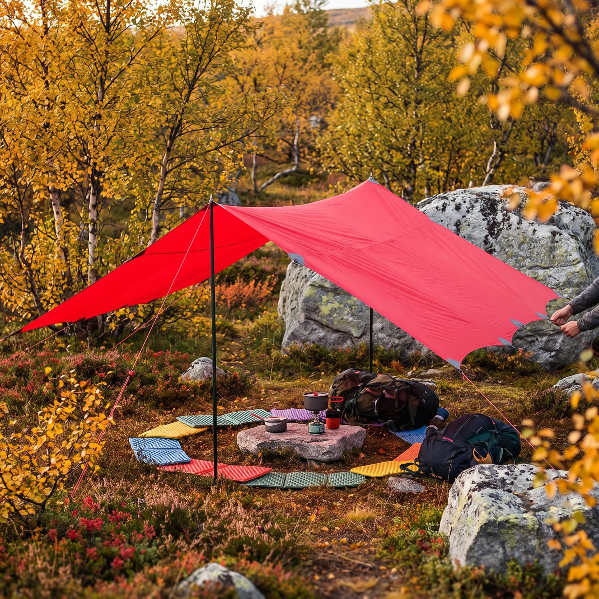 Röd Hilleberg Tarp 20 XP uppspänd som gruppskydd över sittunderlag och packning i höstfärgad fjällbjörkskog
