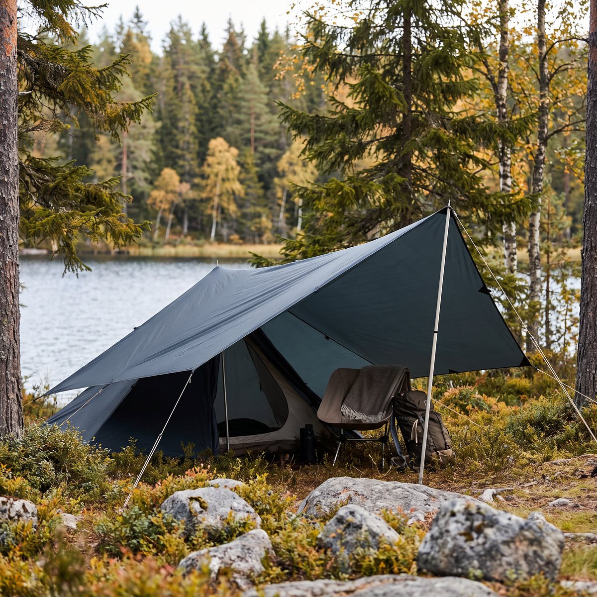 Mörkgrå Nordisk Voss 9 SI Tarp uppspänd som hög markis framför ett tält vid en sjö i svensk höstskog