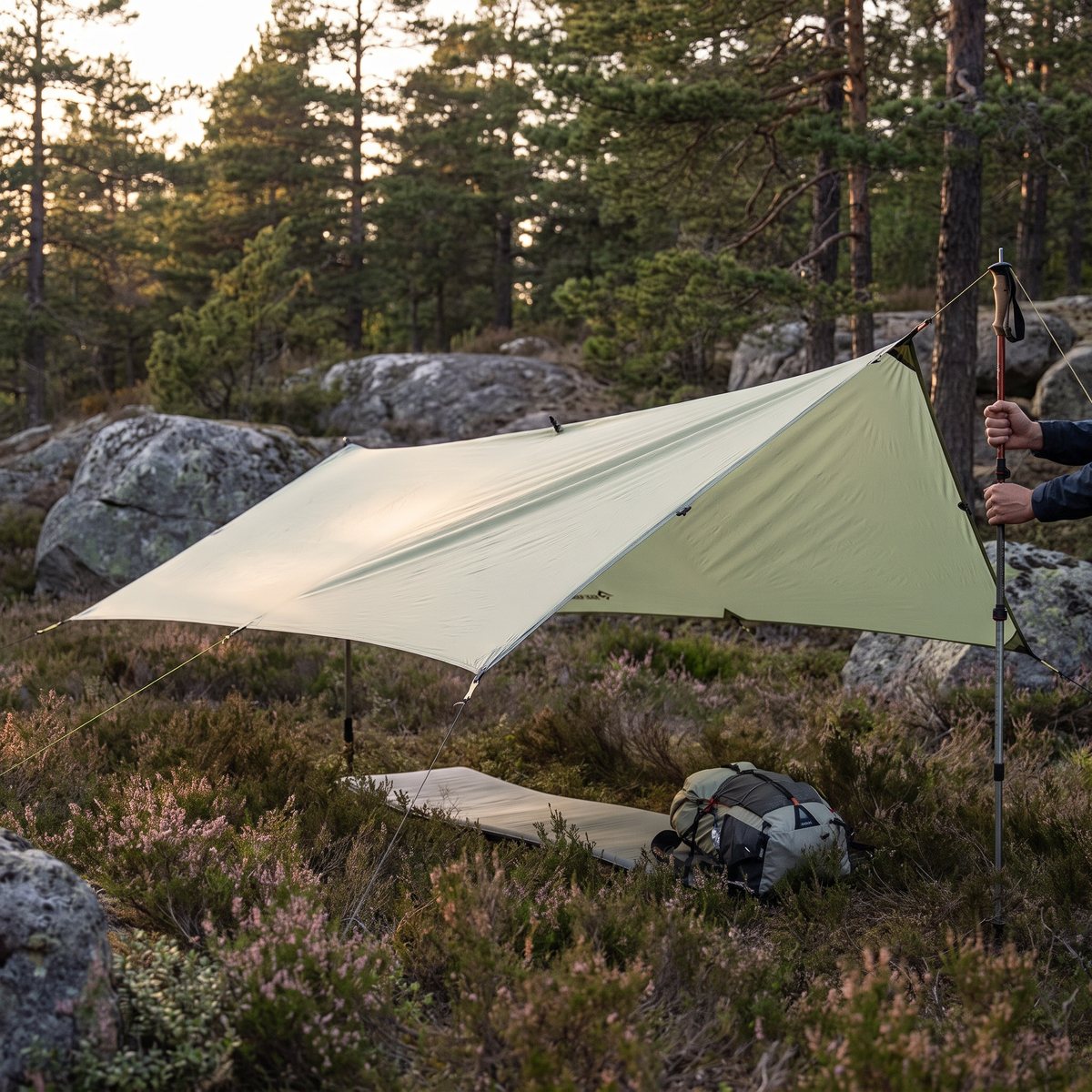 Ljusgrön Sea to Summit Escapist Evo Tarp uppspänd med vandringsstav över ett liggunderlag i en ljungglänta i svensk tallskog