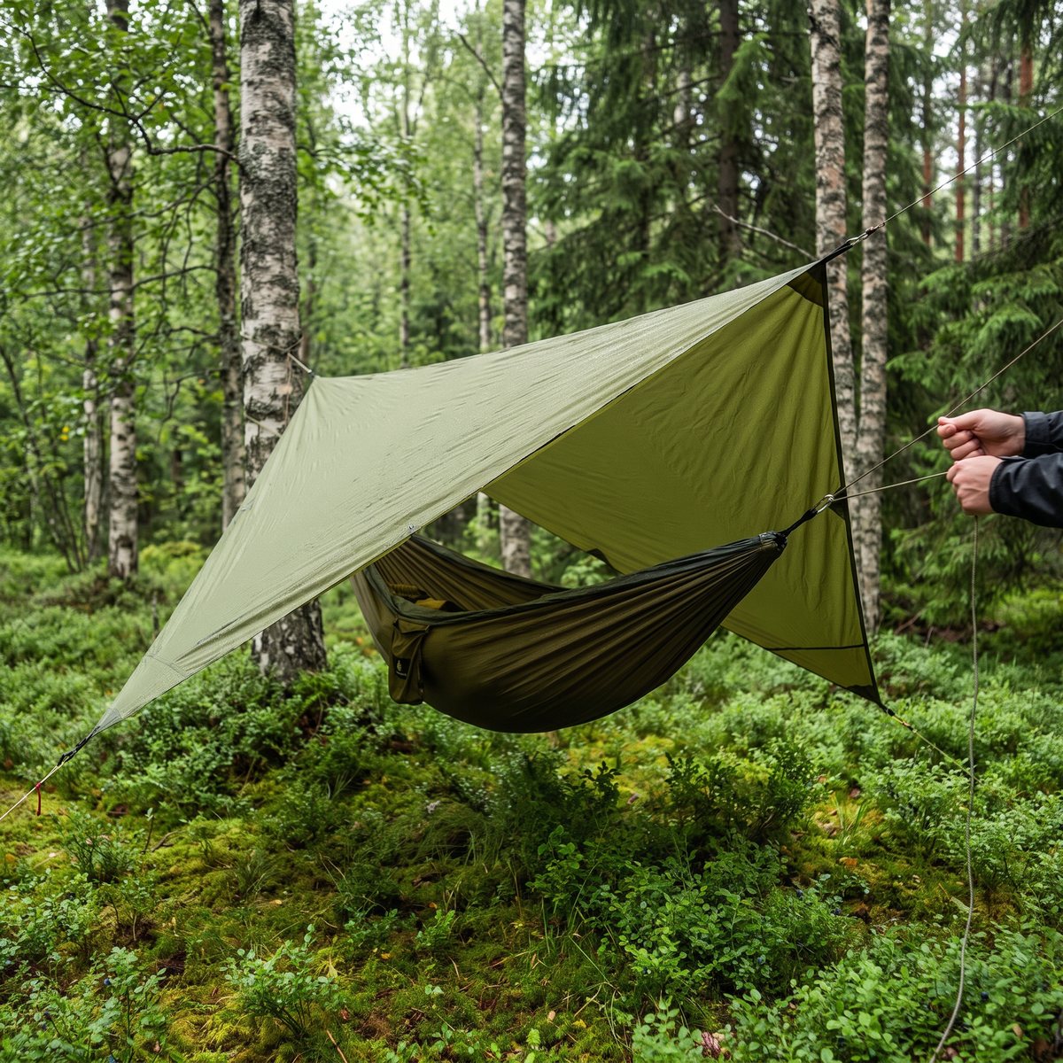 Grön Ticket To The Moon Moon Tarp hängd diagonalt över en hängmatta mellan björkar i svensk skog