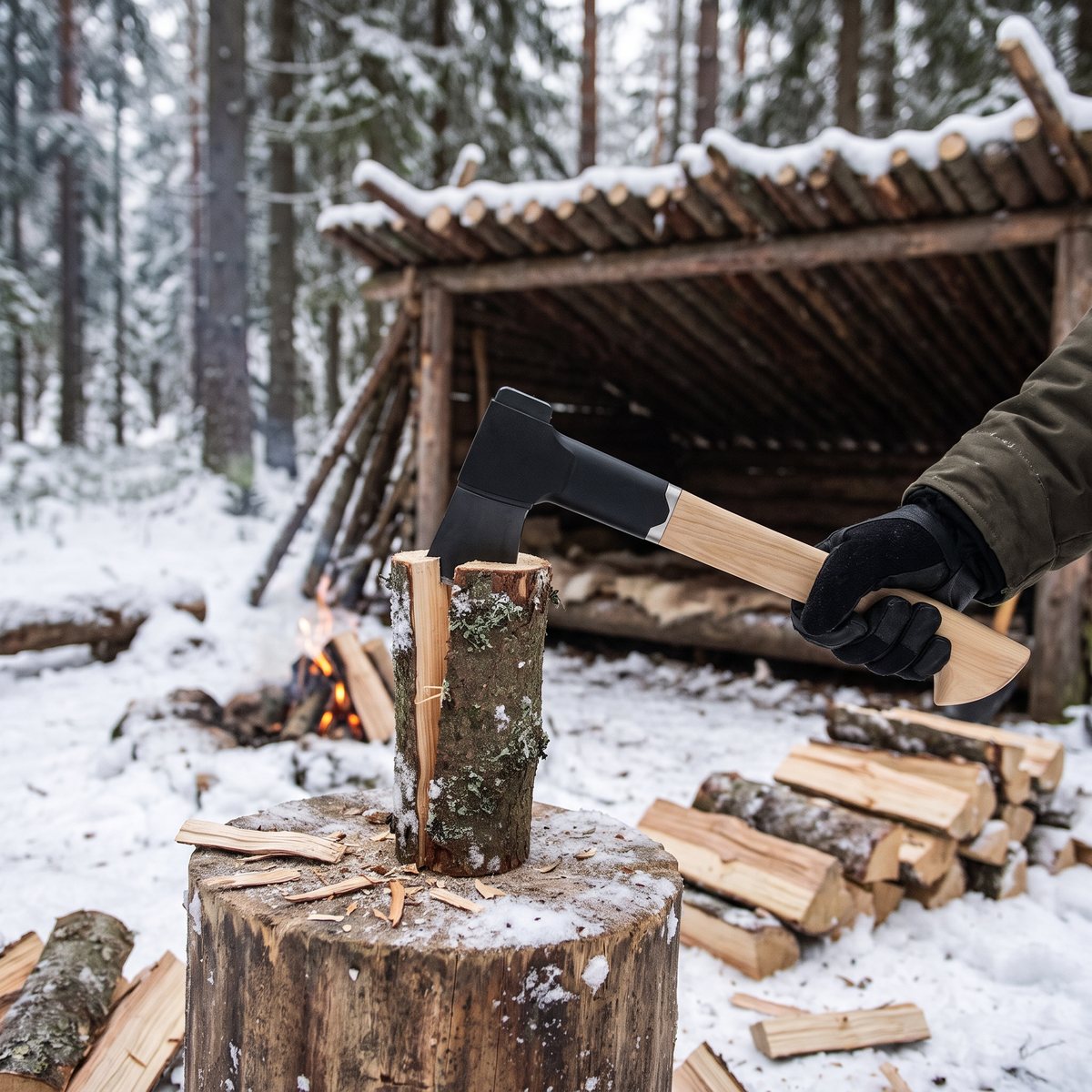 Fiskars Norden N7 klyver granved vid ett vindskydd i en snöig svensk granskog