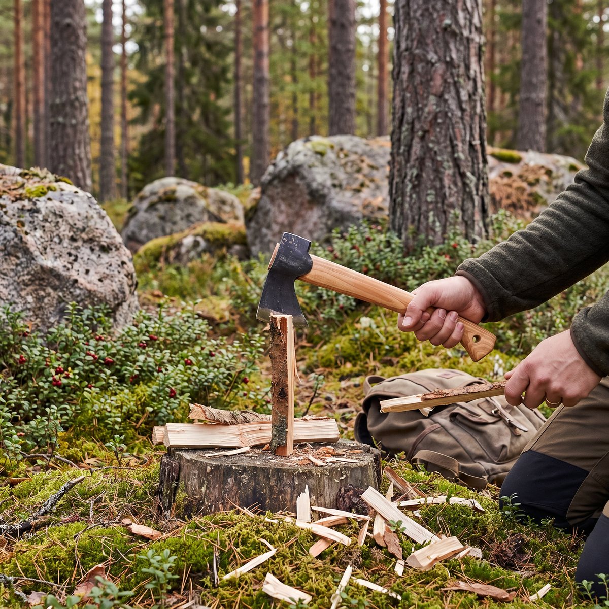 Gränsfors Vildmarksyxa klyver tändved på en stubbe i en svensk tallskog med mossa, lingonris och granitblock