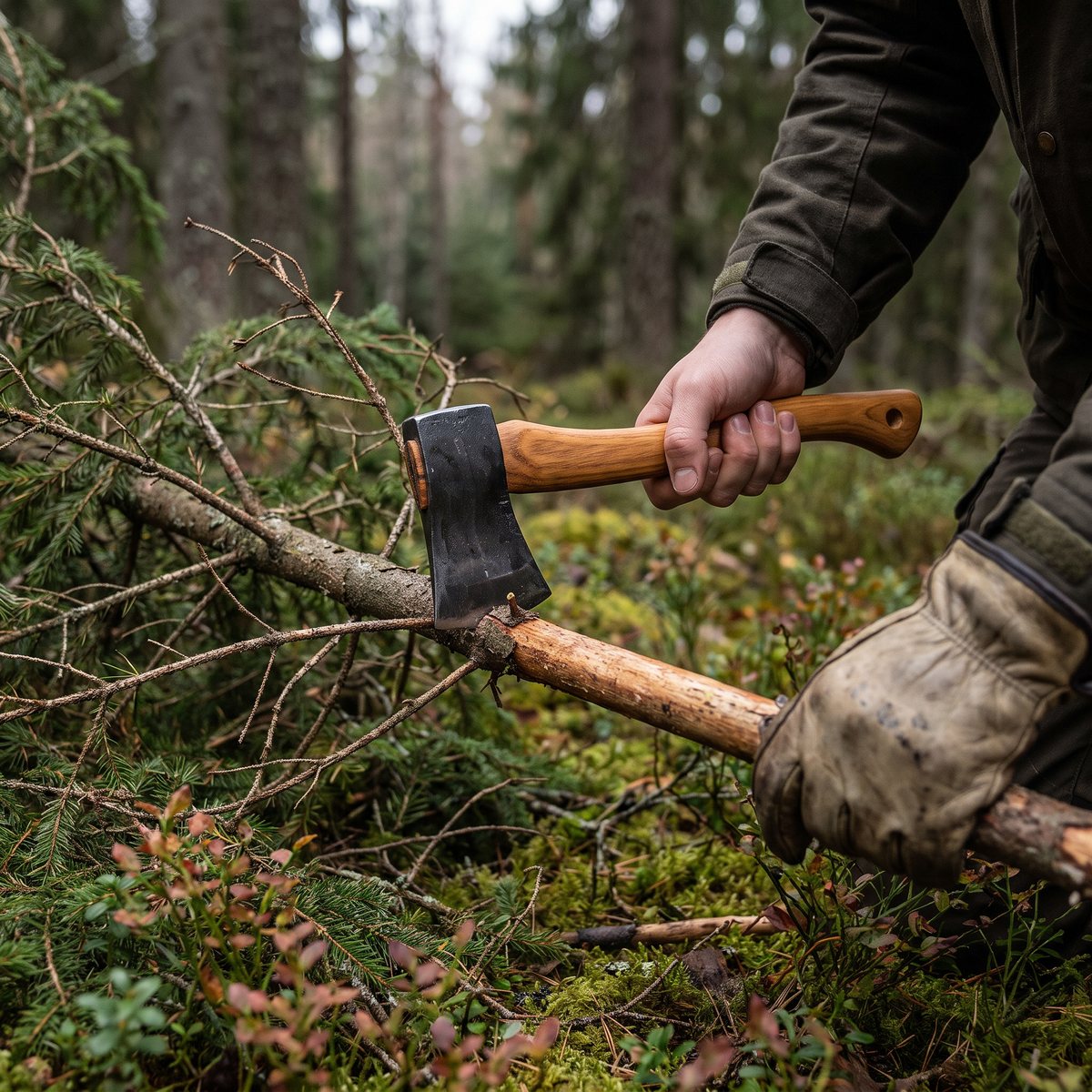 Hultafors H 006 SV kvistar en fallen gran i en mossig svensk granskog