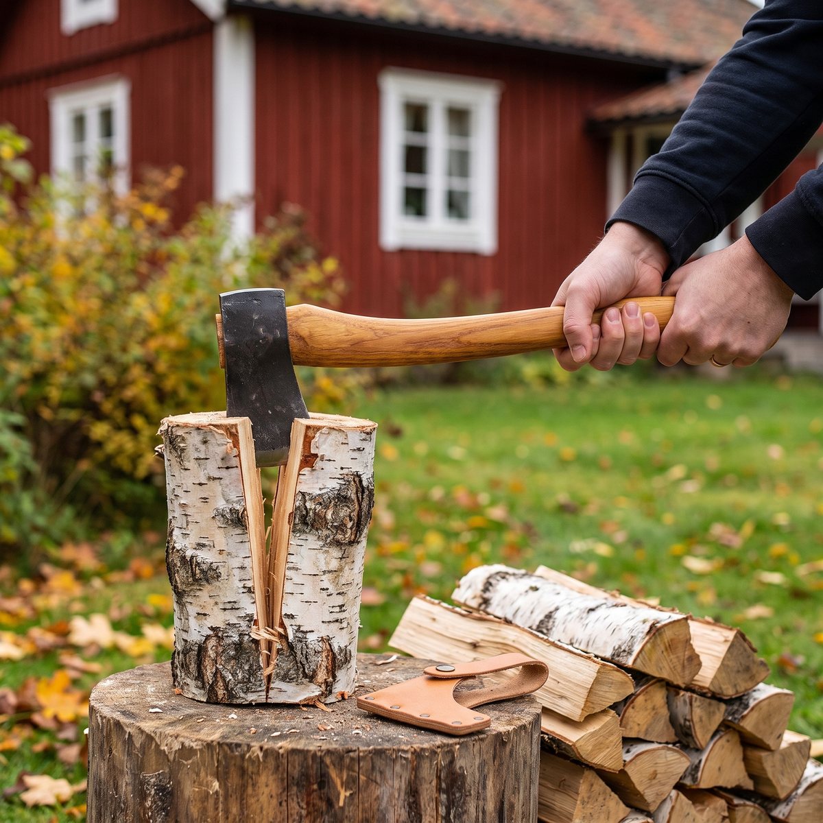 Hultafors H 009 SV klyver en björkklabb på huggkubben framför en röd stuga, eggskyddet ligger på kubben