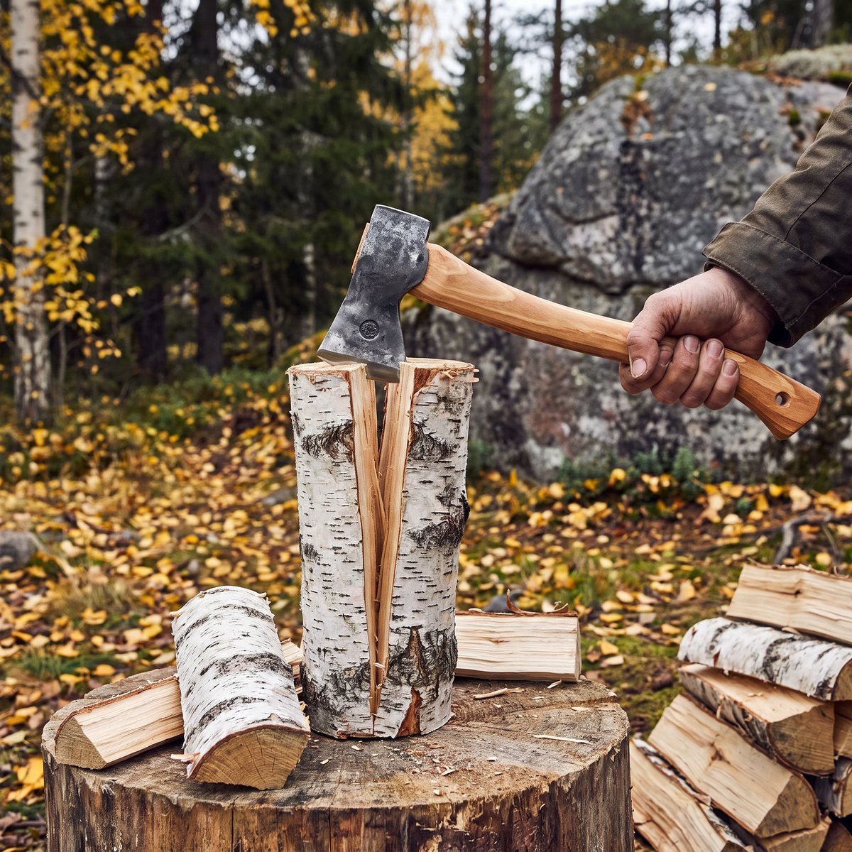 Hultafors Hultån klyver en torr björkklabb på en stubbe i en svensk höstskog med gula björklöv