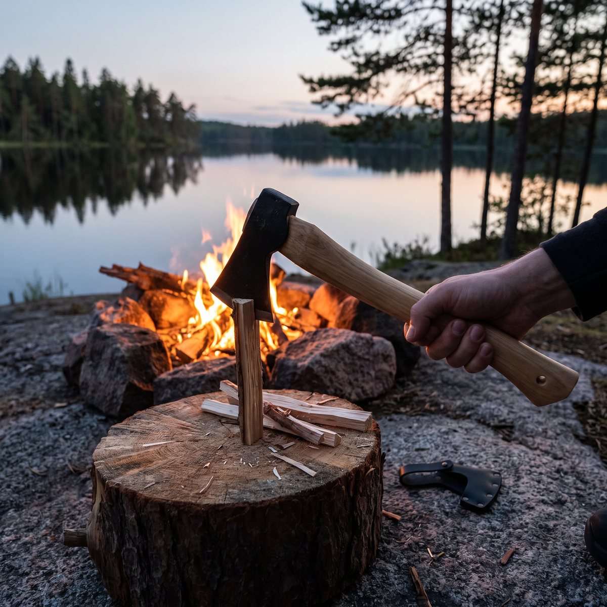 IFISH Vildmarksyxa klyver tändved vid en lägereld på en granithäll vid en svensk skogssjö, läderskyddet ligger bredvid