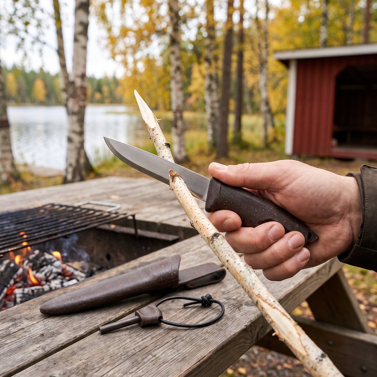 Brun Light My Fire FireKnife Bio täljer en grillpinne av björk vid ett picknickbord och en grillplats vid en svensk skogssjö