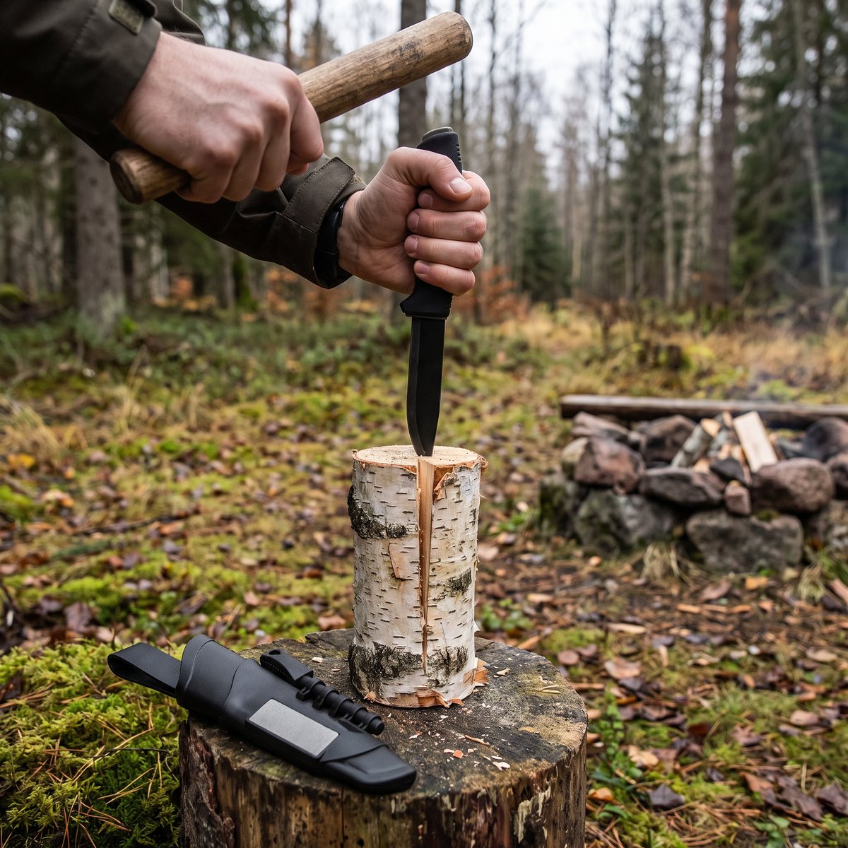 Svart Morakniv Bushcraft Survival klyver en björkklabbe med ett vedträ i en svensk skog, slidan med tändstål och diamantbryne på huggkubben