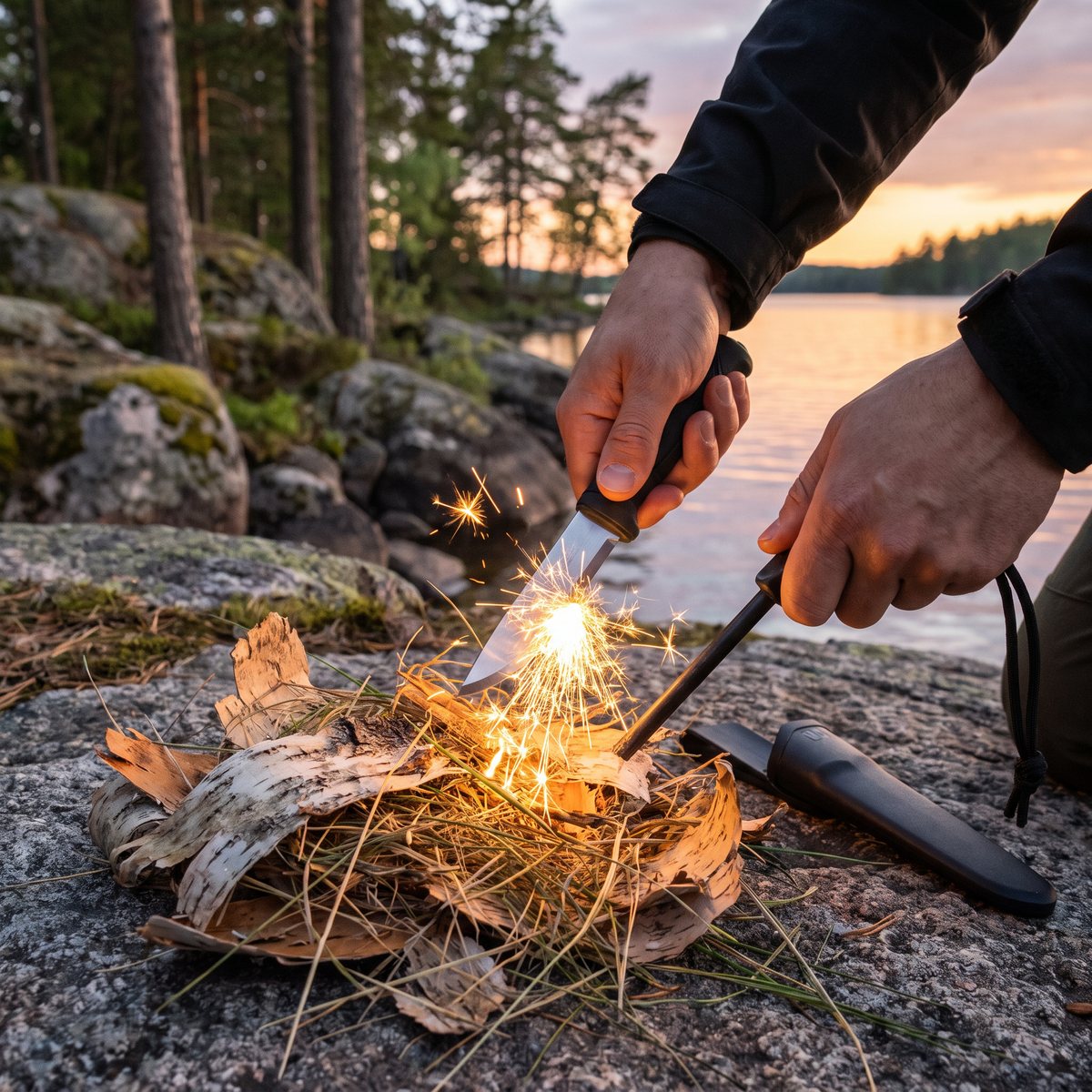 Svart Morakniv Companion Spark slår gnistor ur tändstålet ner i björknäver på en granithäll vid en svensk sjö