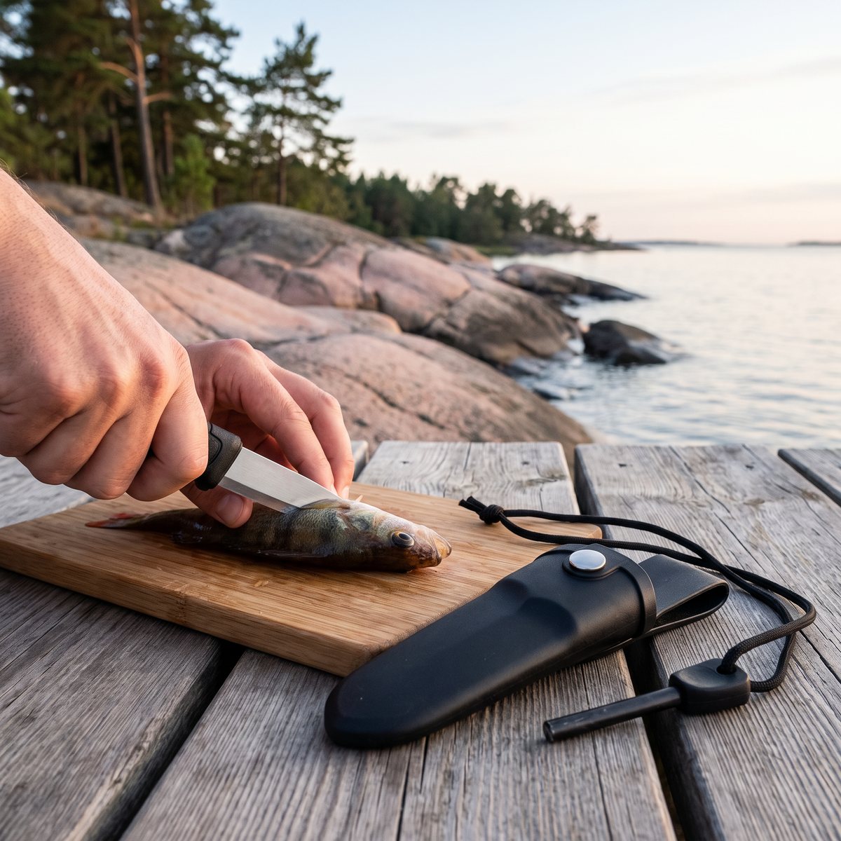 Liten Morakniv Eldris rensar en abborre på en brygga i skärgården, med halsslidan och tändstålet bredvid