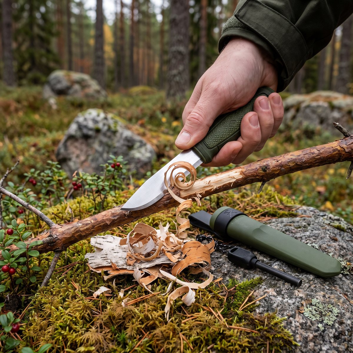 Grön Morakniv Kansbol täljer fjäderstickor av en tallgren i en svensk tallskog, med slidan och tändstålet på en granithäll