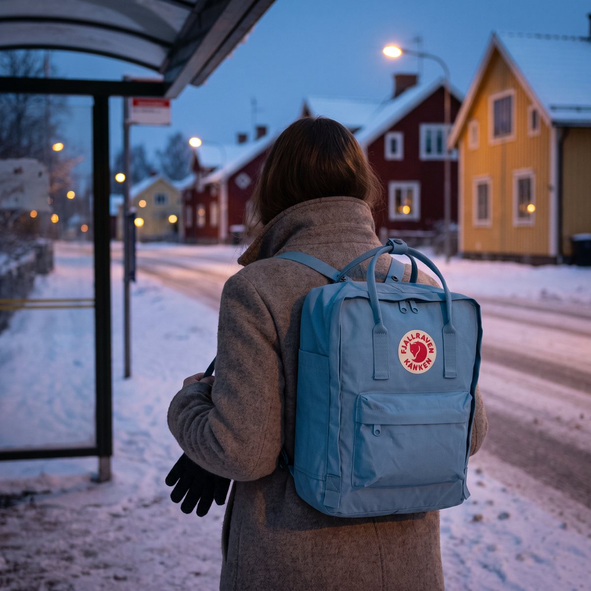 Ljusblå Fjällräven Kånken på ryggen vid en busshållplats en snöig novembermorgon