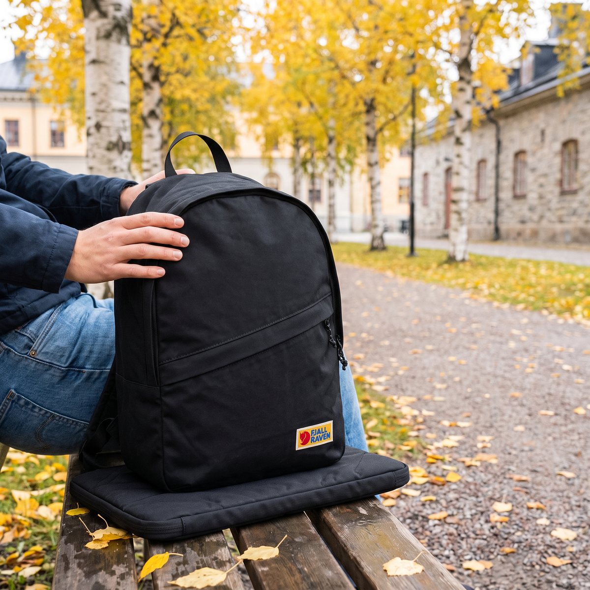 Svart Fjällräven Vardag 25 står på det vadderade datorfodralet på en parkbänk en höstdag