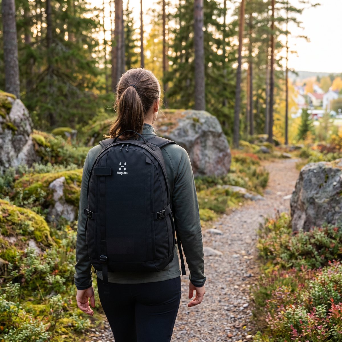 Svart Haglöfs Tight Medium buren på ryggen längs en grusstig genom svensk tallskog