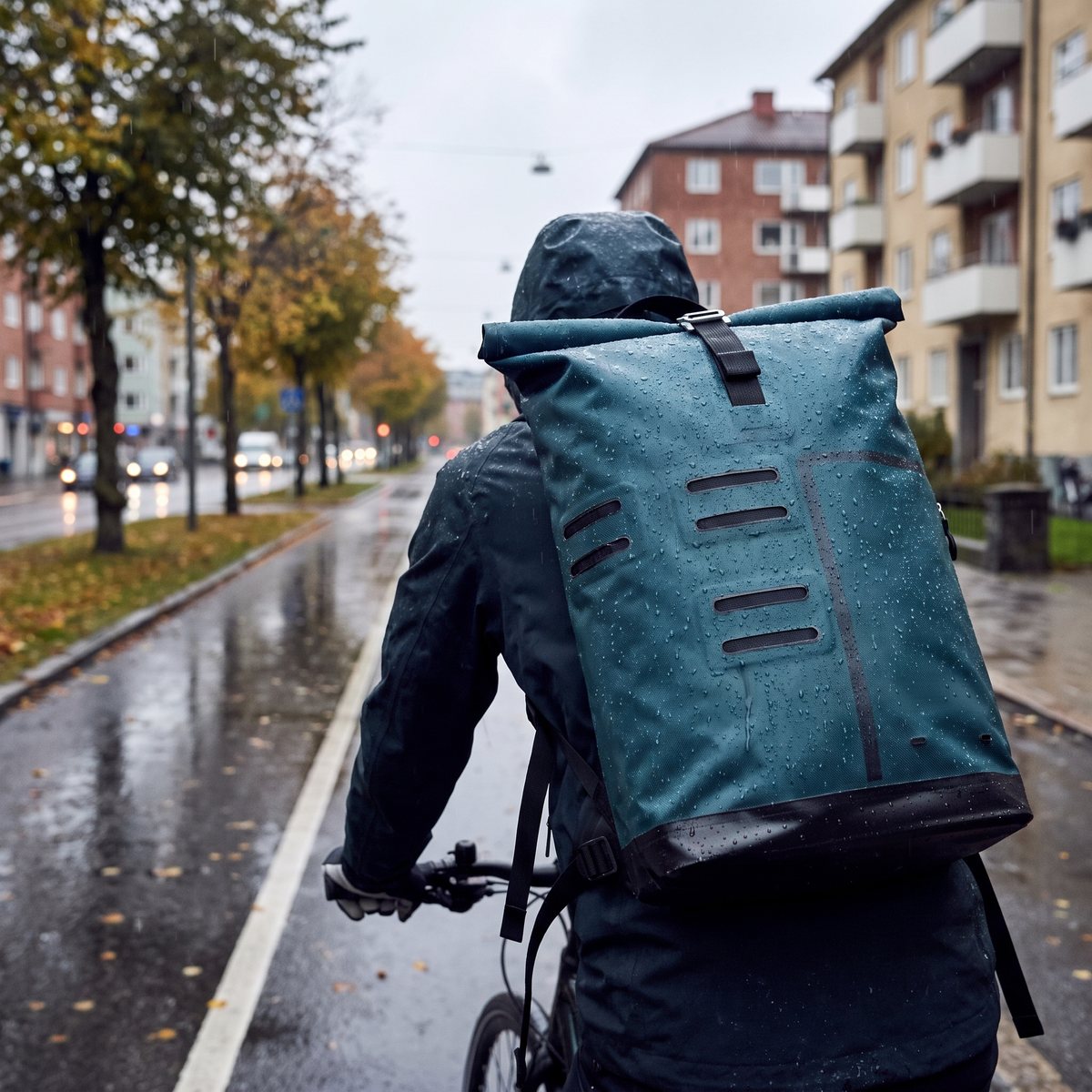 Petrolfärgad Ortlieb Commuter-Daypack 21L med rullstängning på ryggen hos en cyklist i regn på en svensk cykelbana