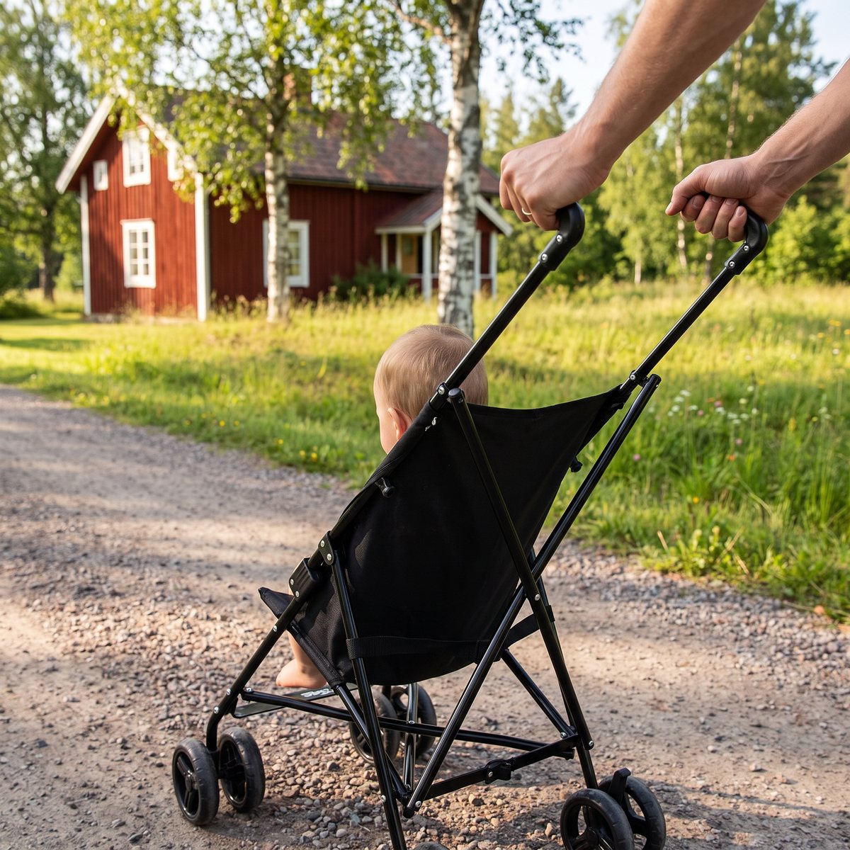 Svart 2ME Billi med sittande barn på en grusväg vid en röd stuga på svensk landsbygd
