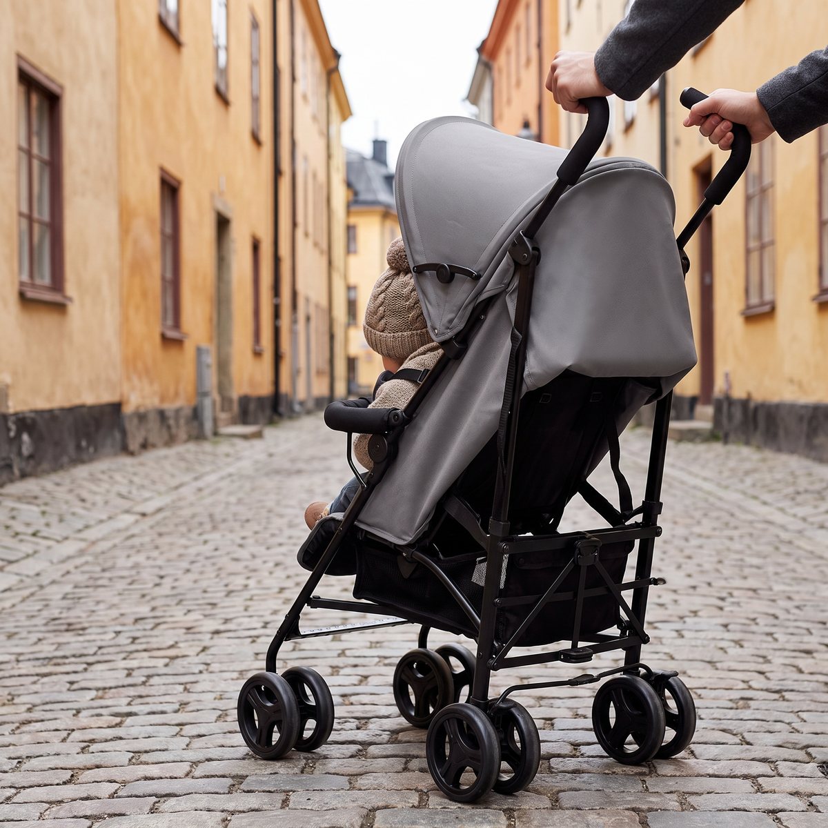 Grå Kinderkraft Tik med barn i mössa på kullersten i en svensk gamla stan