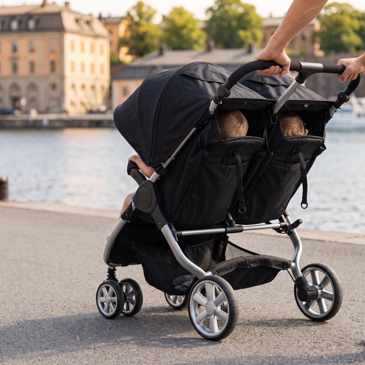 Britax B-Agile Double med två barn bakifrån skjuts längs en asfalterad strandpromenad i Stockholm en sommardag