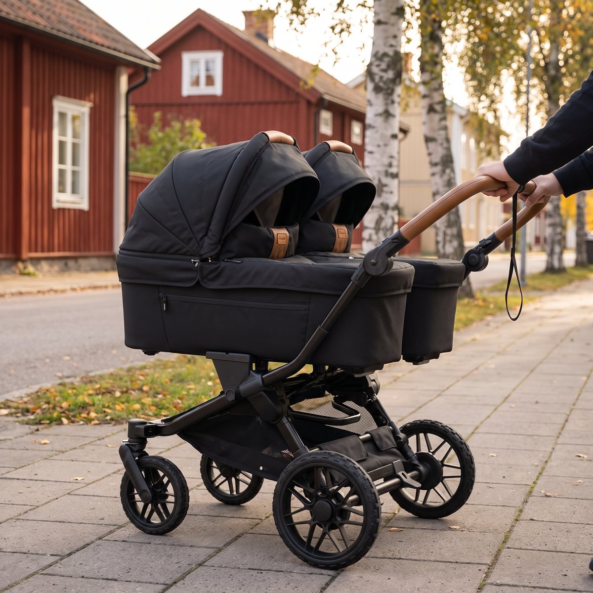 Emmaljunga Double Sento med två svarta liggdelar sida vid sida skjuts längs en stenlagd trottoar bland röda trähus och björkar en höstdag