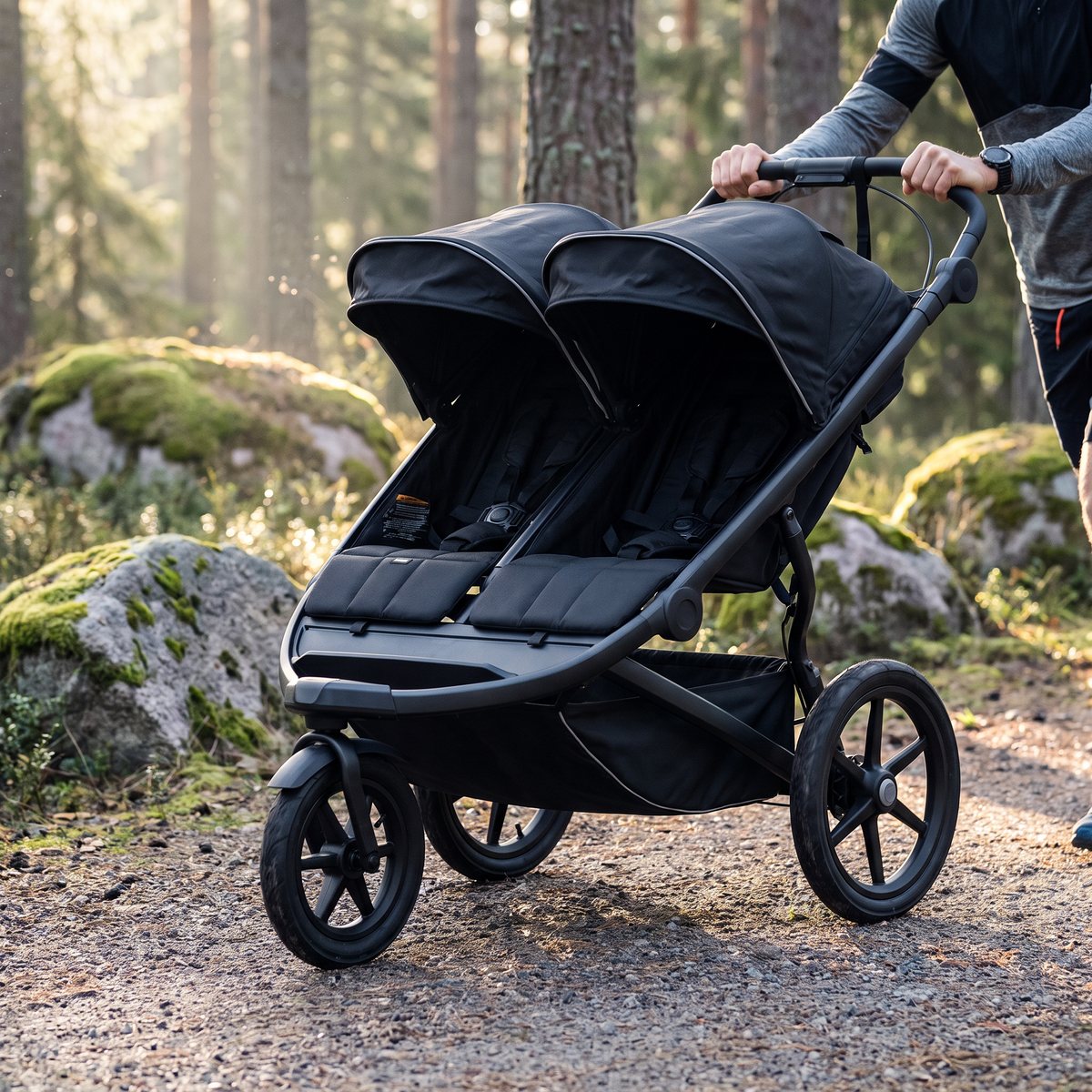 Thule Urban Glide 3 Double, trehjulig vagn för två barn, på en grusstig i svensk tallskog med mossiga stenblock och en förälder som springer bakom